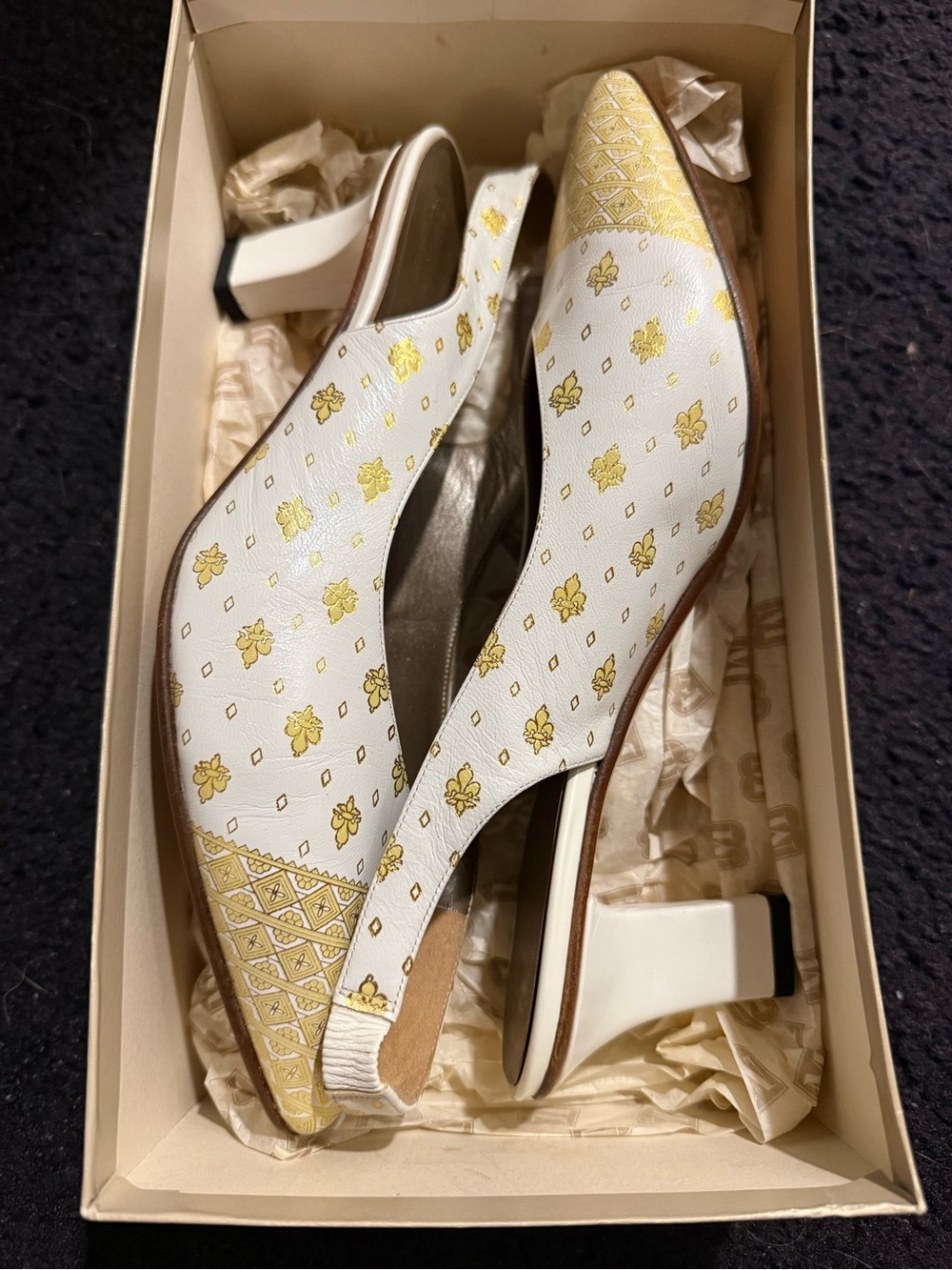 Bruno Magli White Leather Slingback Heels with Gold Motif